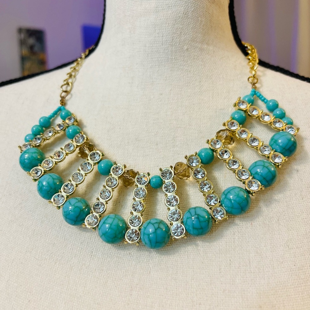 Turquoise Simulant Gold Tone Glass Crystal Statement Necklace